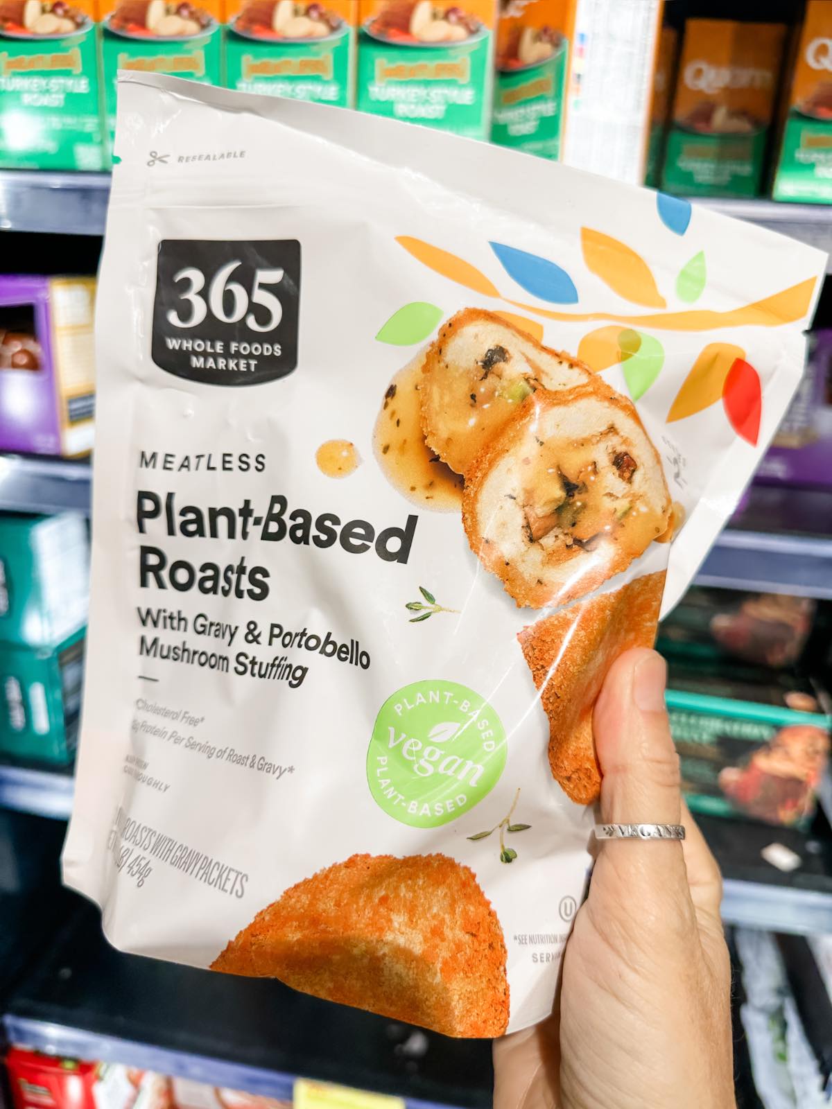 A bag of 365 brand plant-based turkey roasts from Whole Foods grocery store.