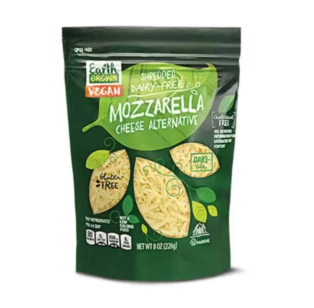 A dark green pouch of Earth Grown Dairy-Free Mozzarella cheese shreds by Aldi on a white background.