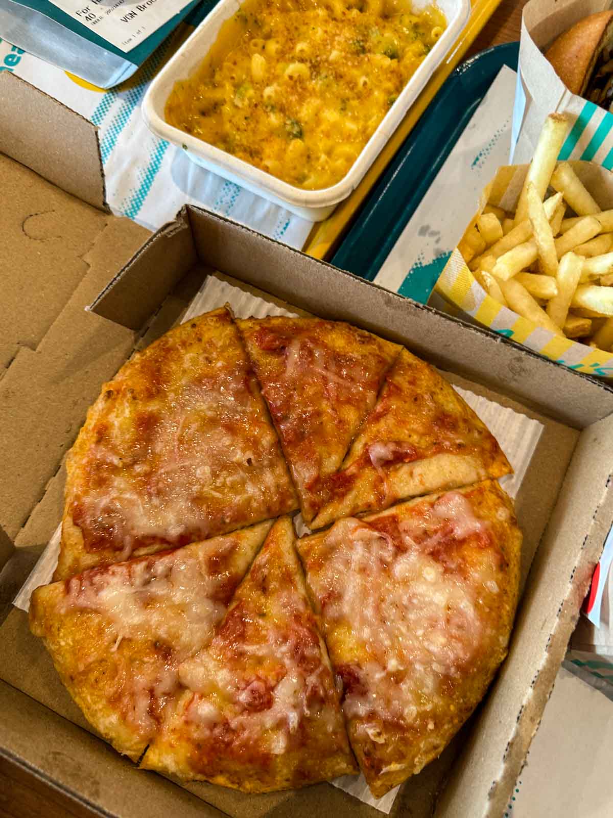 A vegan cheese pizza at Amy's Drive Thru.