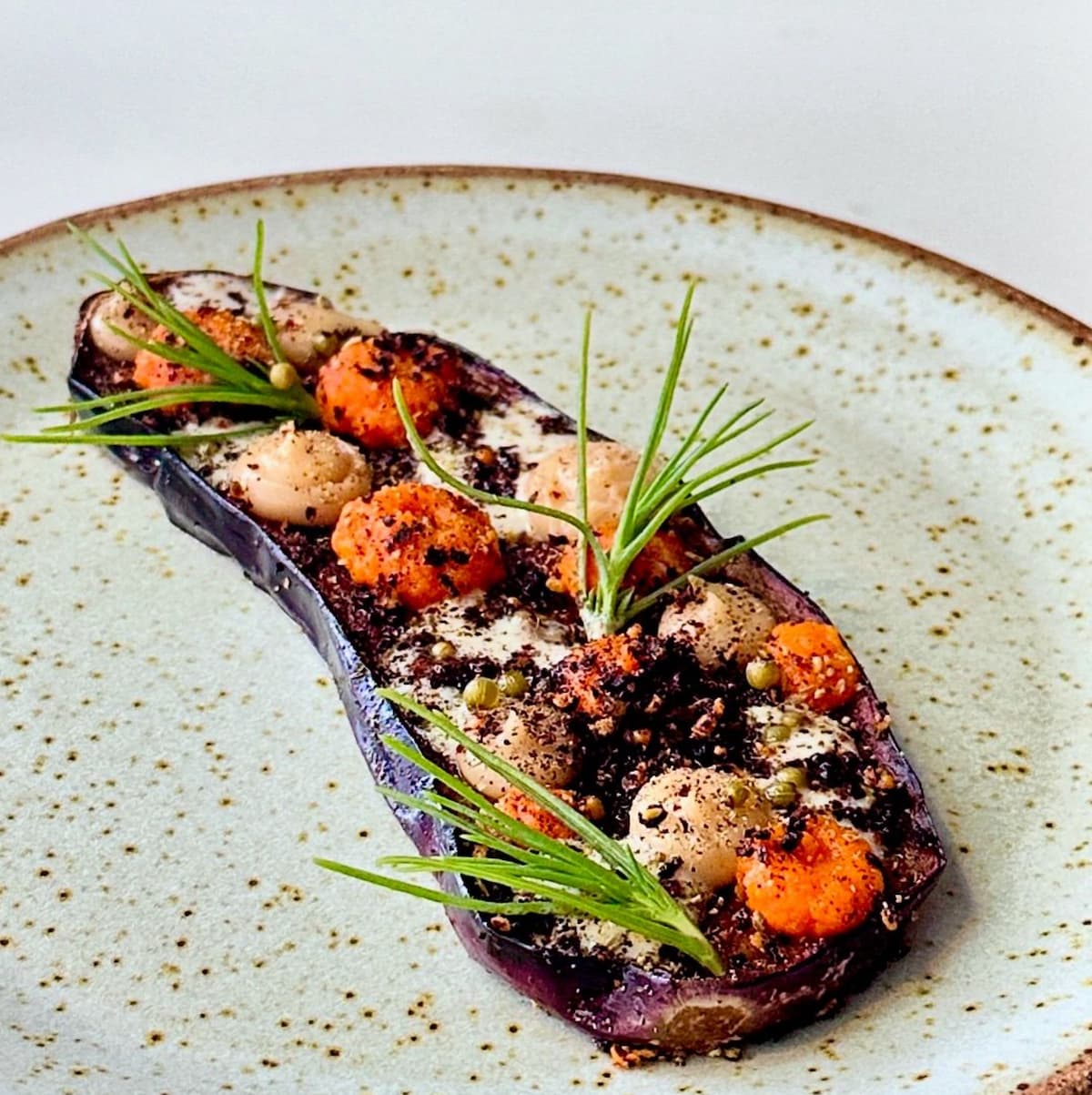 A roasted eggplant dish from vegan Portland, Oregon restaurant, Astera.