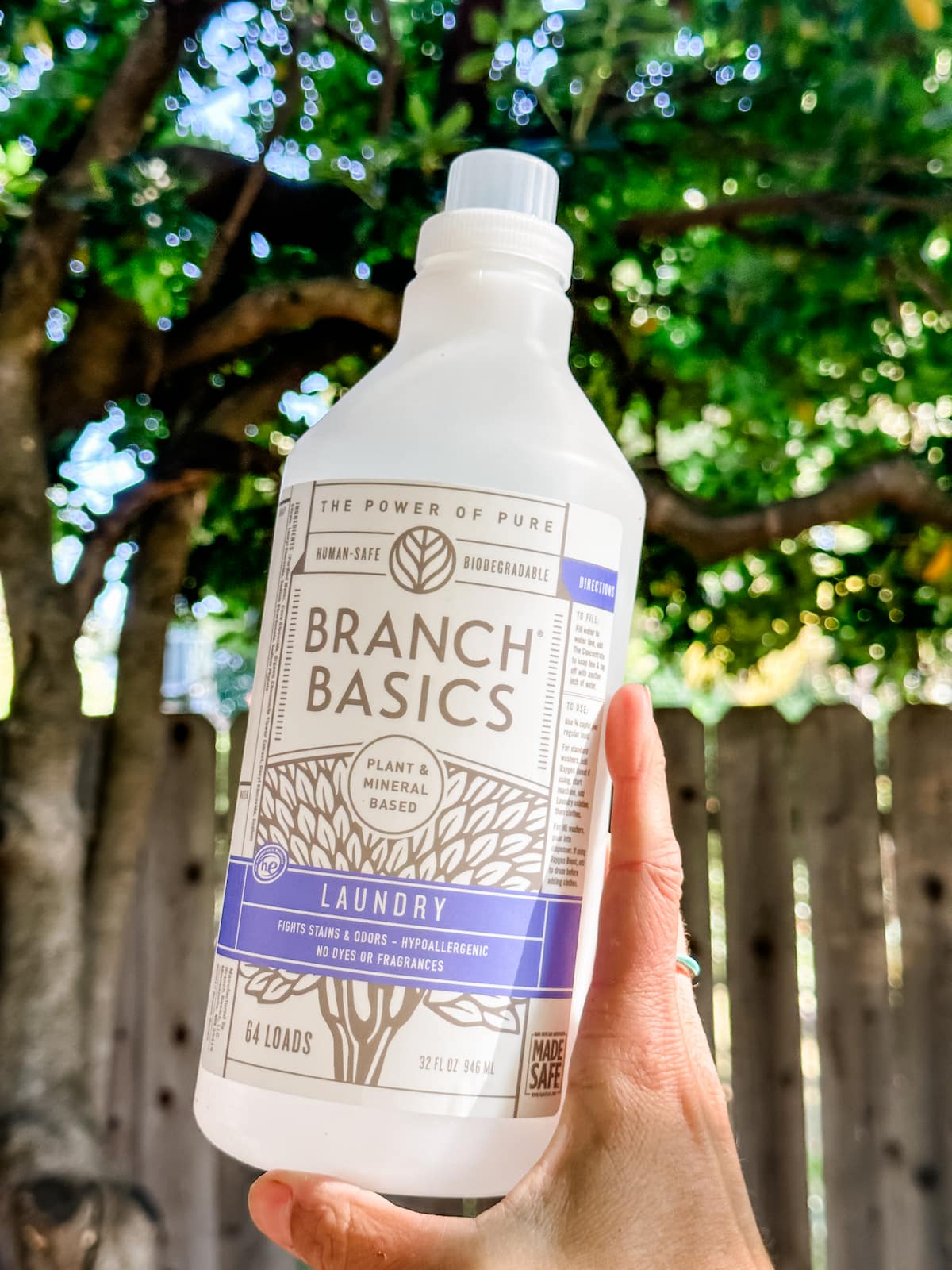 A hand holding up a bottle of Branch Basics plant-based laundry detergent.