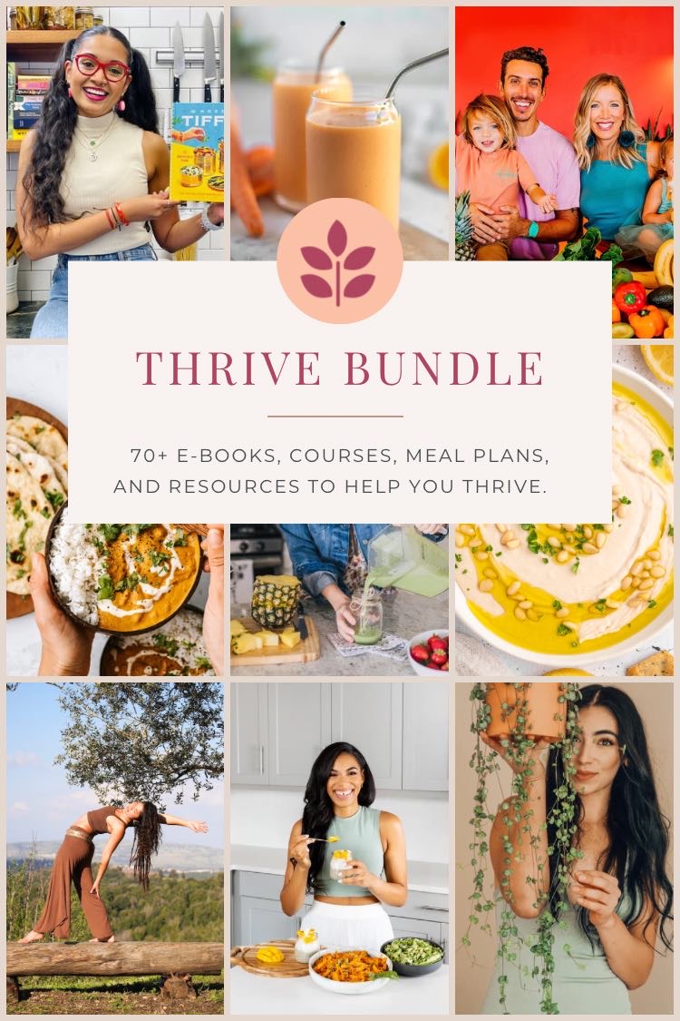 A flyer for the Thrive Bundle collection of vegan plant-based books, cookbooks, and classes.