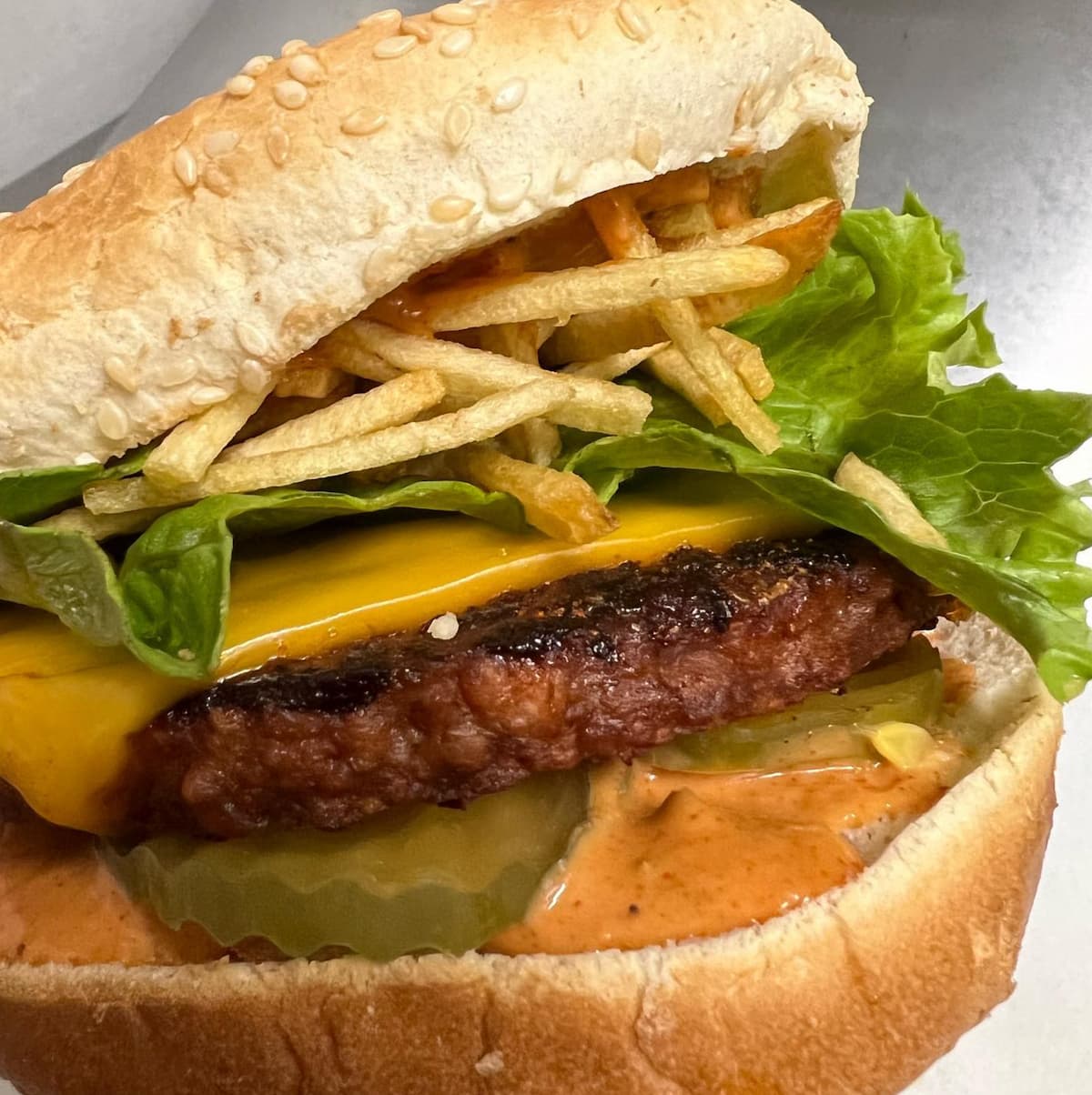 The Cuban Frita burger, from DC Vegetarian, located in Portland, Oregon.