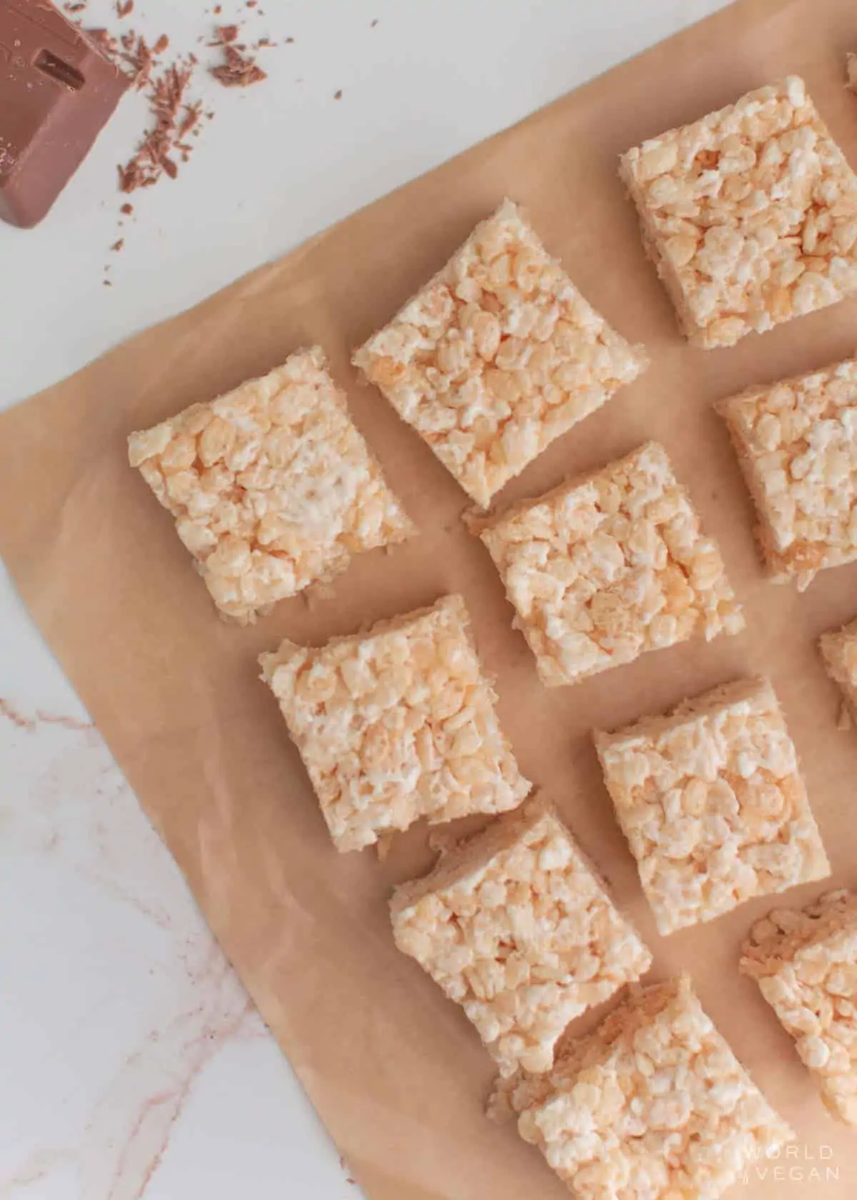 Cut rice krispies treats square shape.