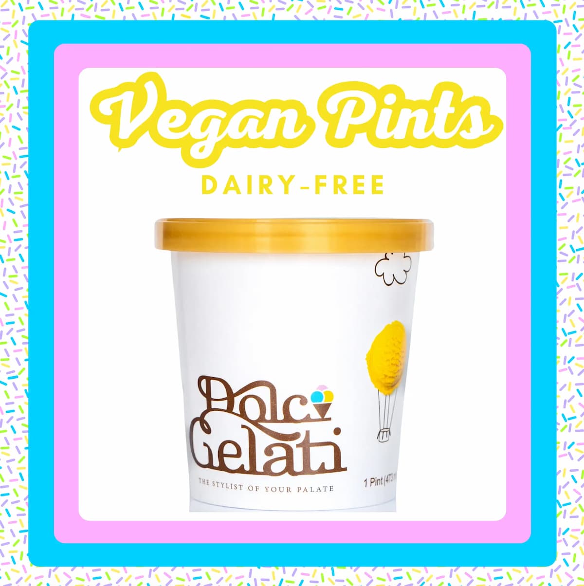A white pint of Dolci Gelati dairy-free and vegan gelato with the yellow top against a white background.