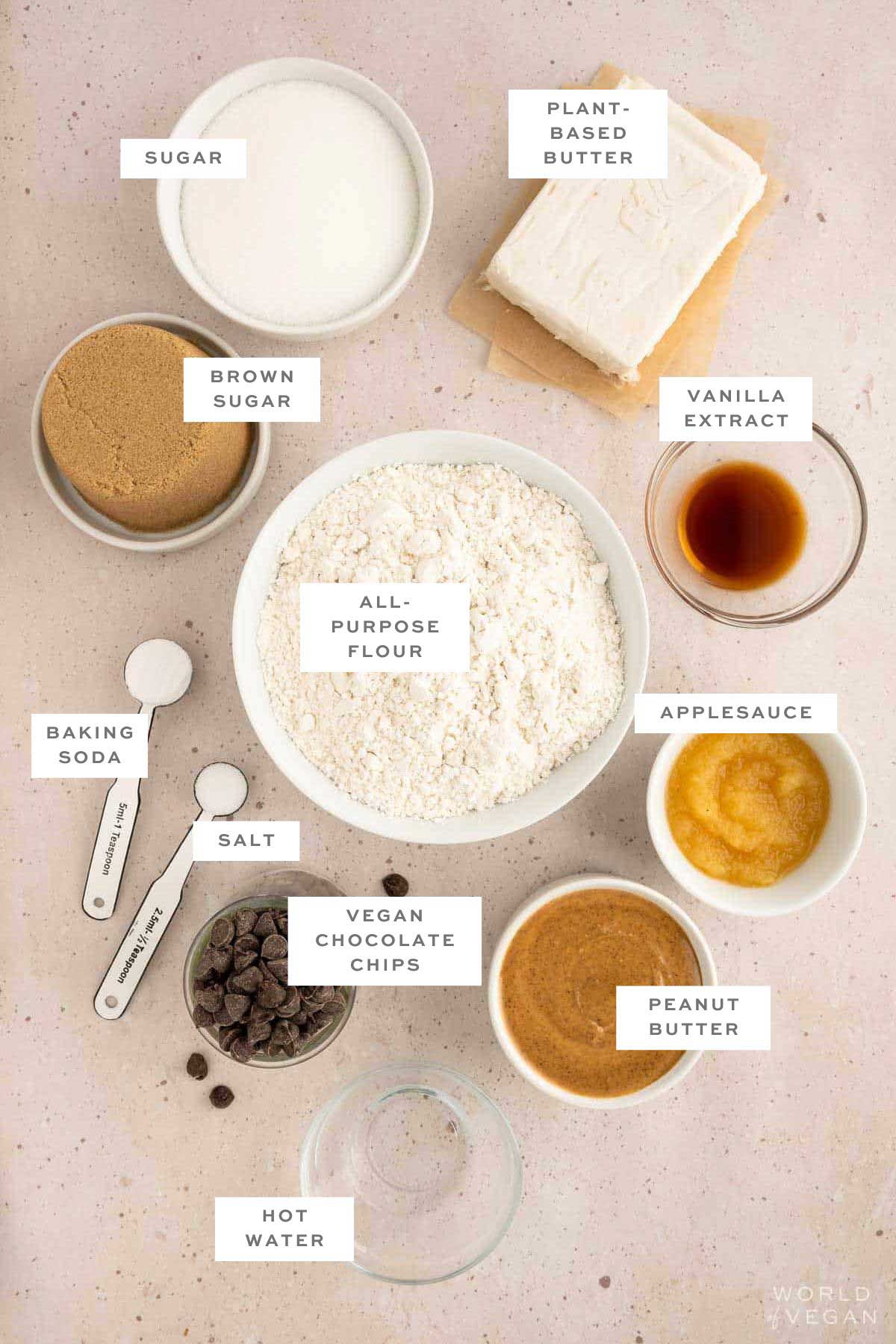 Ingredients for eggless vegan edible peanut butter cookie dough with labels.