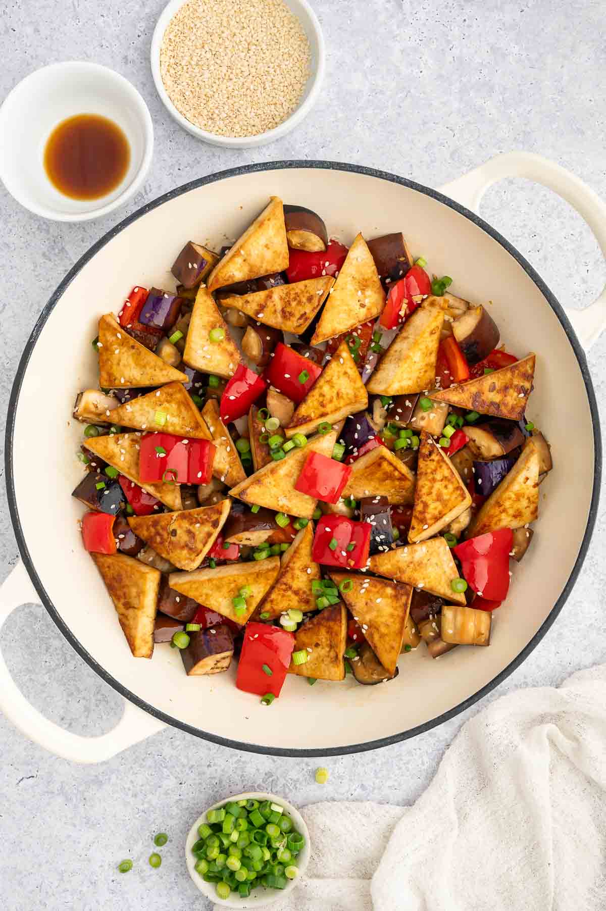 Eggplant tofu in a pan.