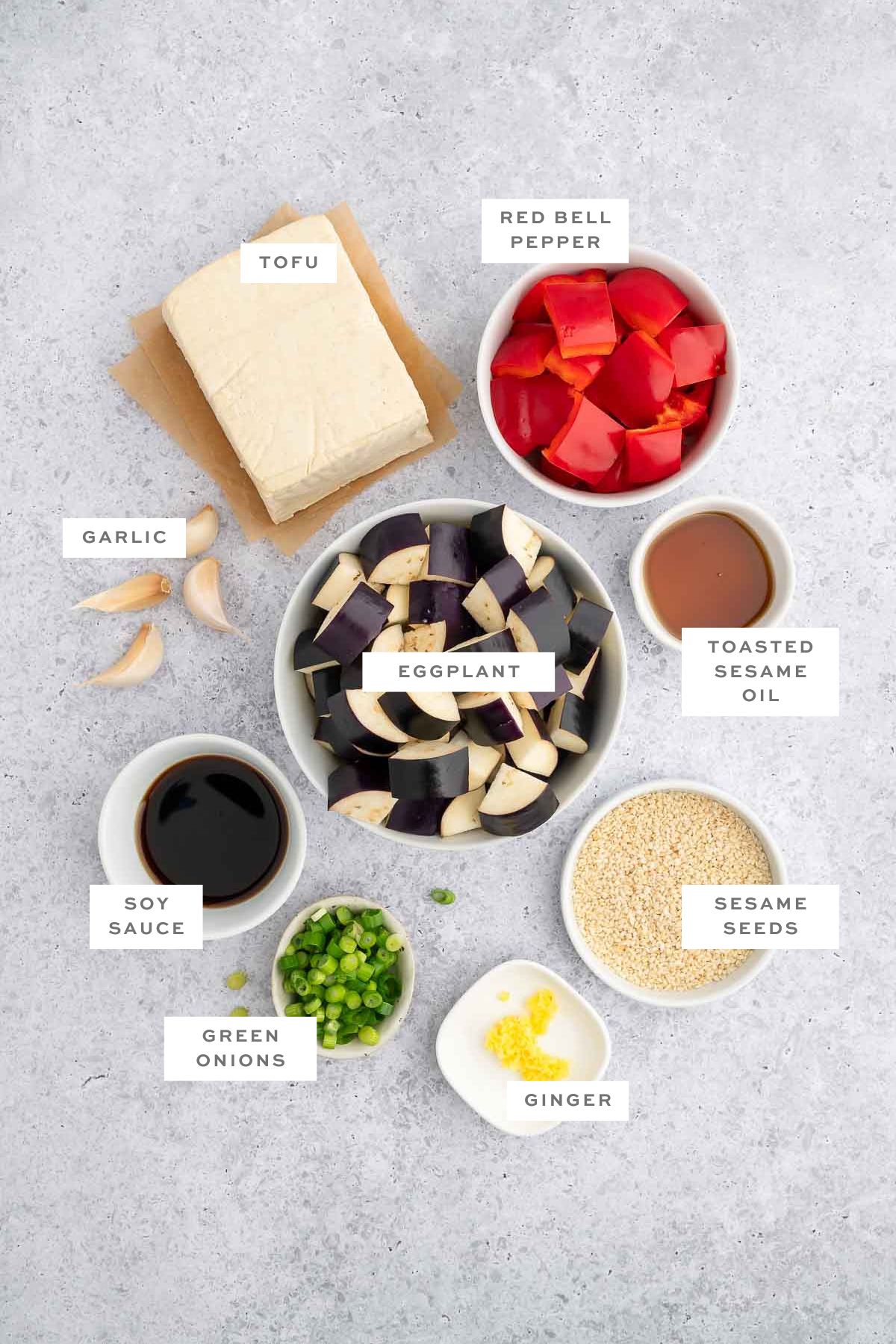 Key ingredients for Eggplant tofu, with labels.