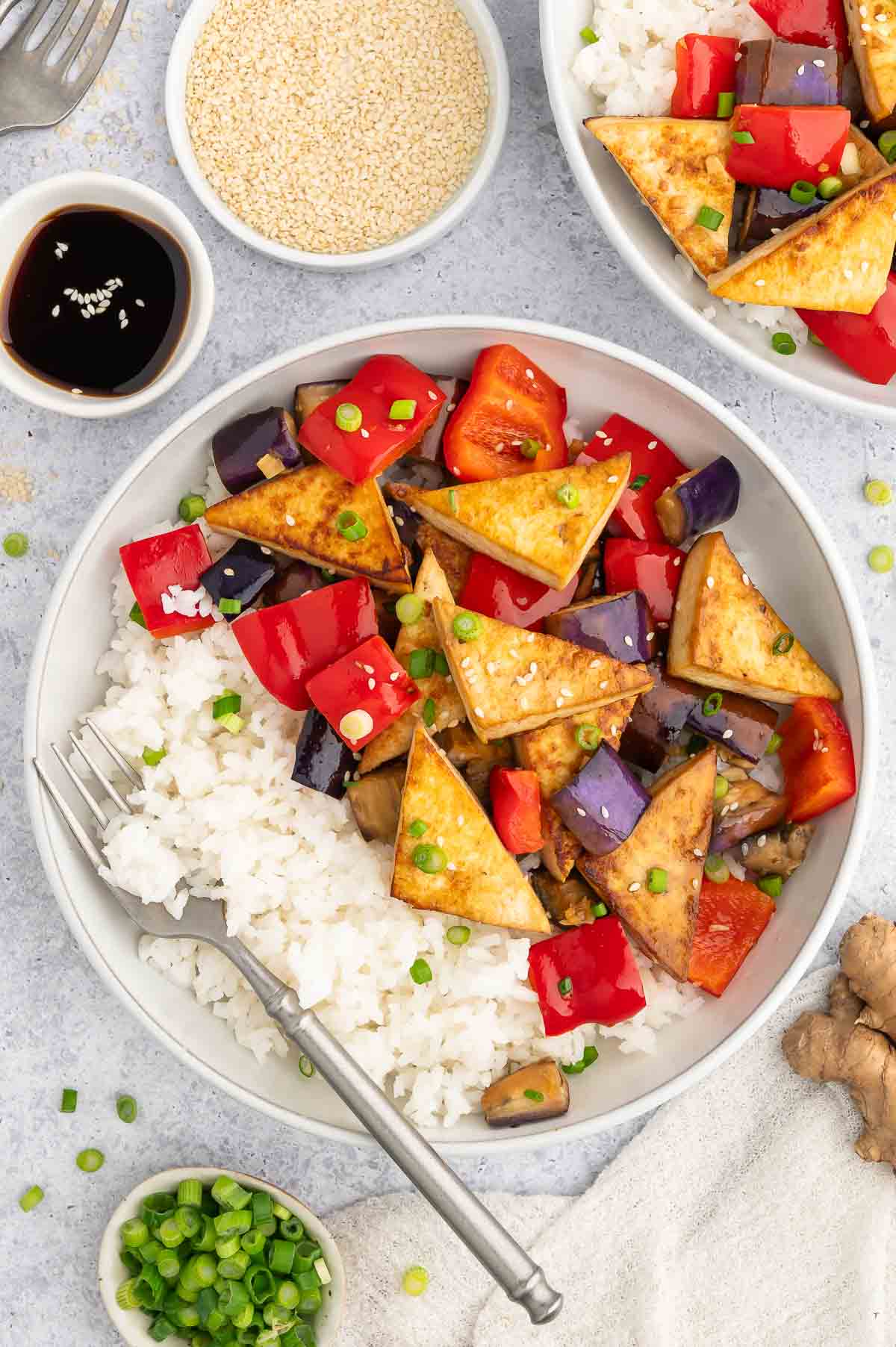 Eggplant tofu served in a bowl.