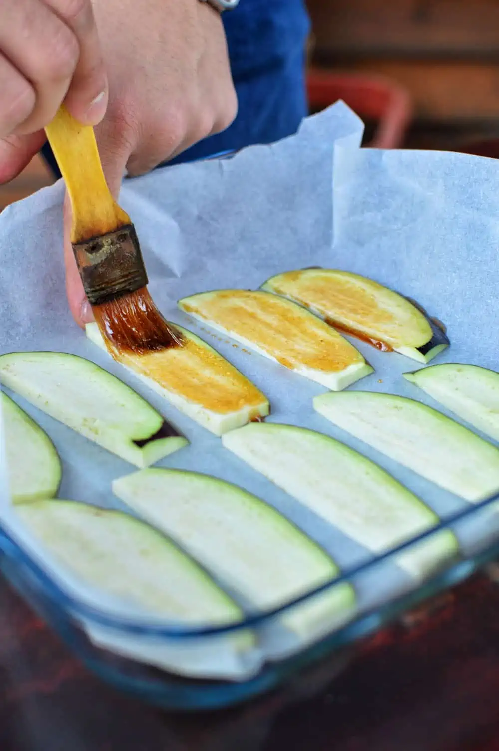 Strips of eggplant brushed with a bacon-flavored marinade.