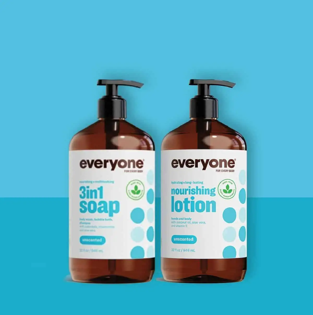 Two white and blue pump bottles of Everyone 3in1 Soap and Lotion against a teal background.
