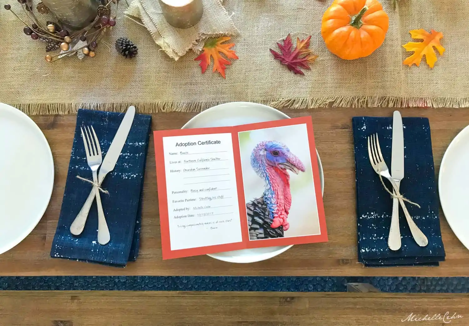 A photo of a rescued turkey from Farm Sanctuary on a Thanksgiving dinner table showing the Adopt a Turkey program.