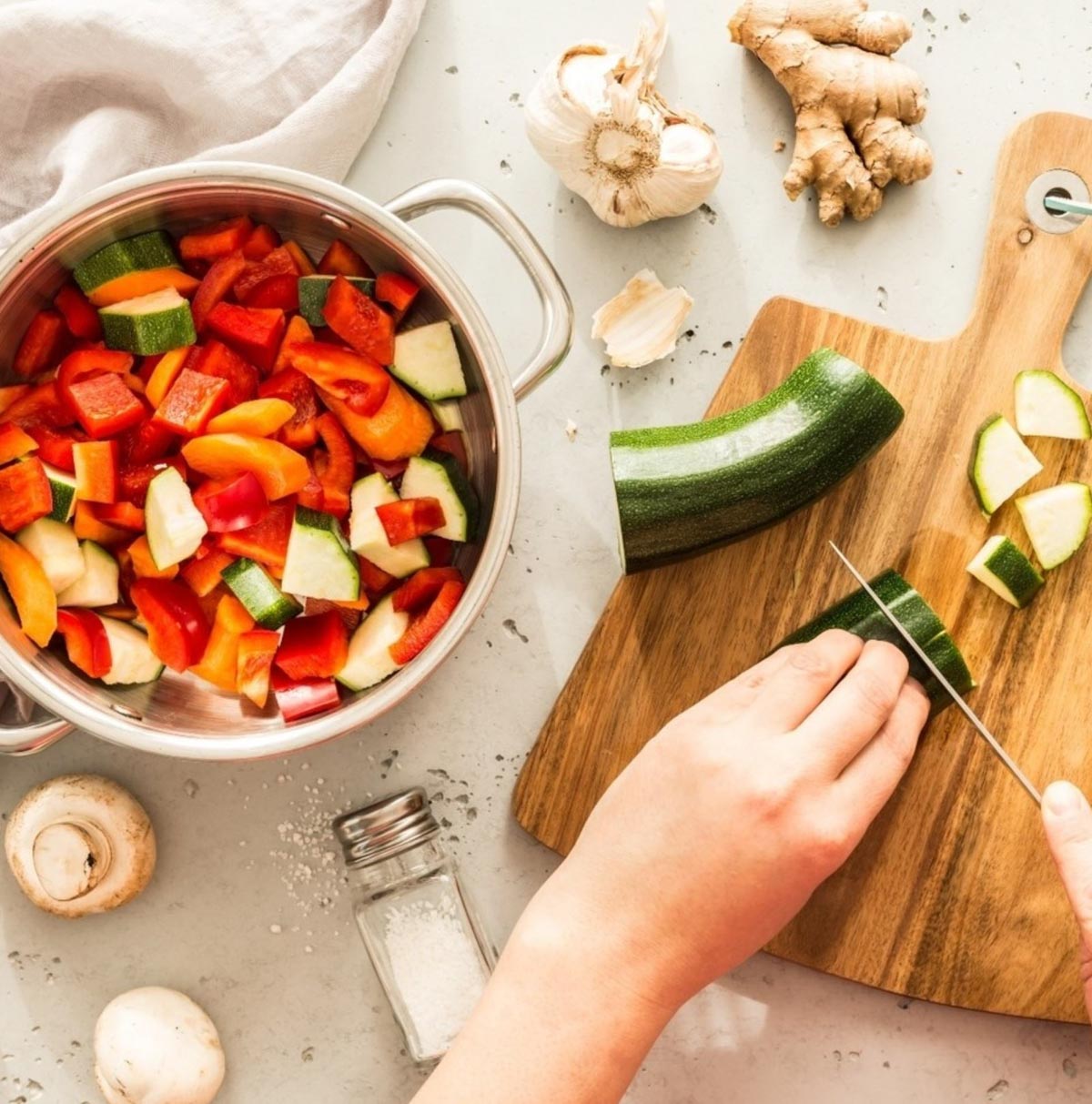 Food prep from Forks Over Knives Cooking School vegan cooking classes.