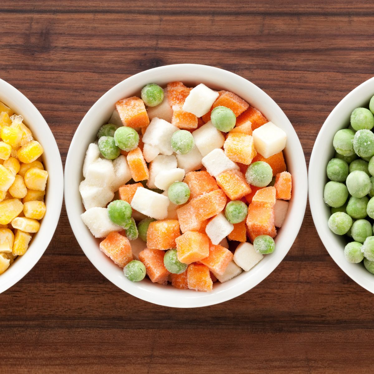 Bowls with frozen vegetables.