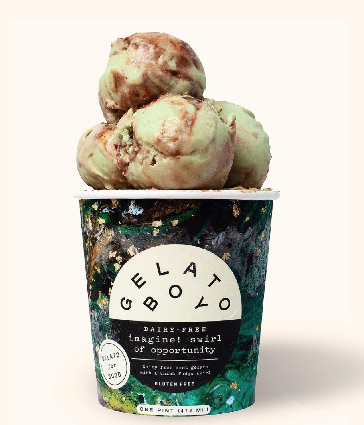 Dairy-free and gluten-free gelato from Gelato Boy against a cream colored background.