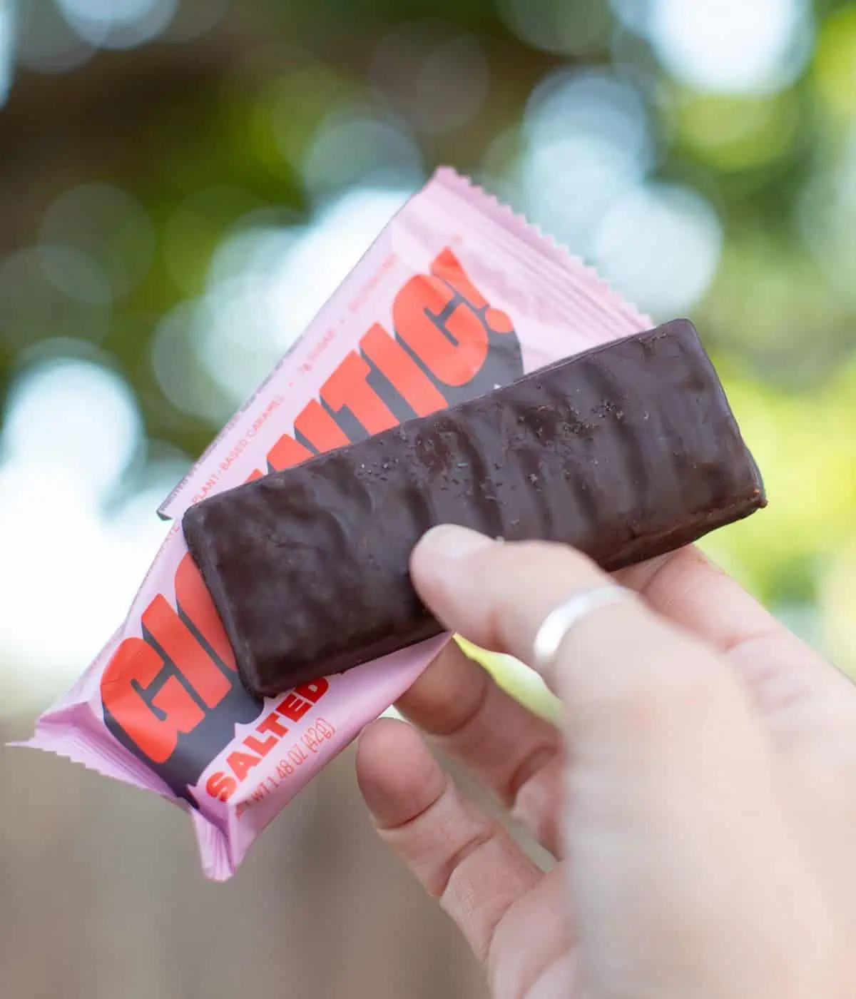 A plant-based chocolate-covered candy bar.