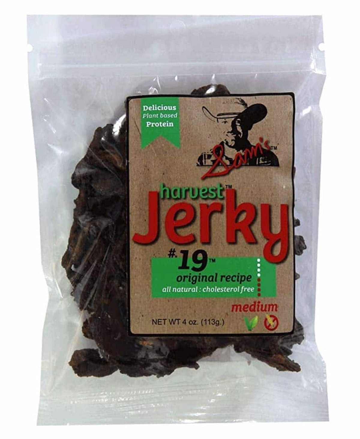 Vegan jerky made by Harvest Jerky in #19 Original recipe medium spicy.