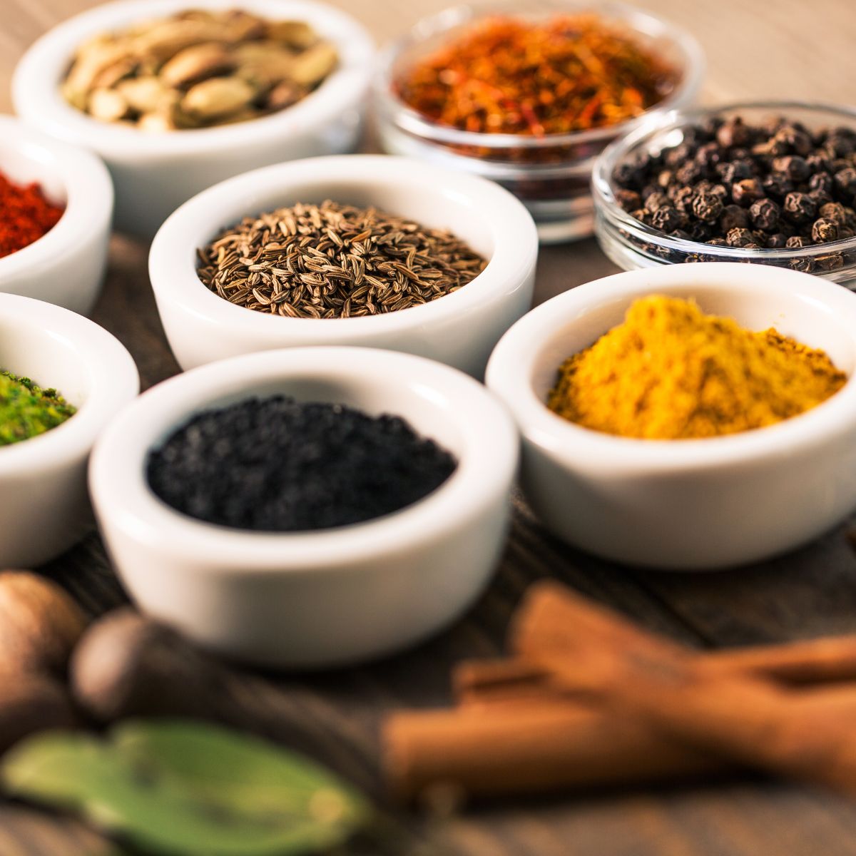 An arrangement of herbs and spices.