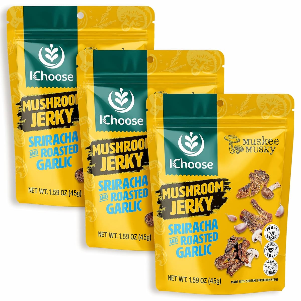3 yellow packages of iChoose Muskee Musky vegan jerky made from mushrooms.