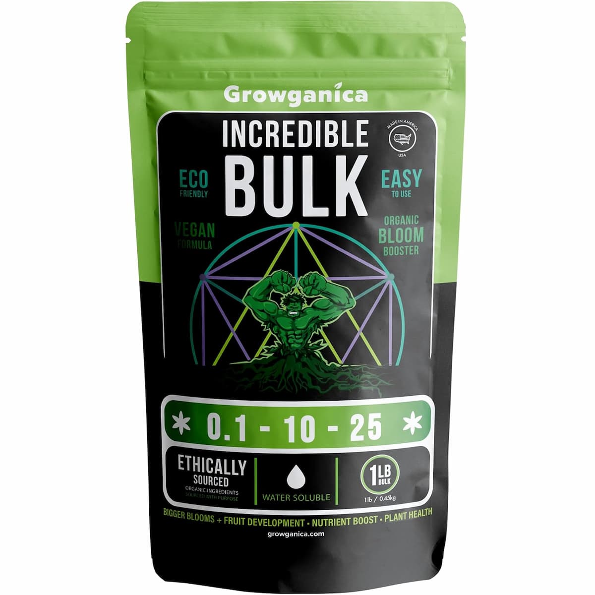 Green and black bag of veganic fertilizer, Incredible Bulk Organic Bloom Booster against a white background.