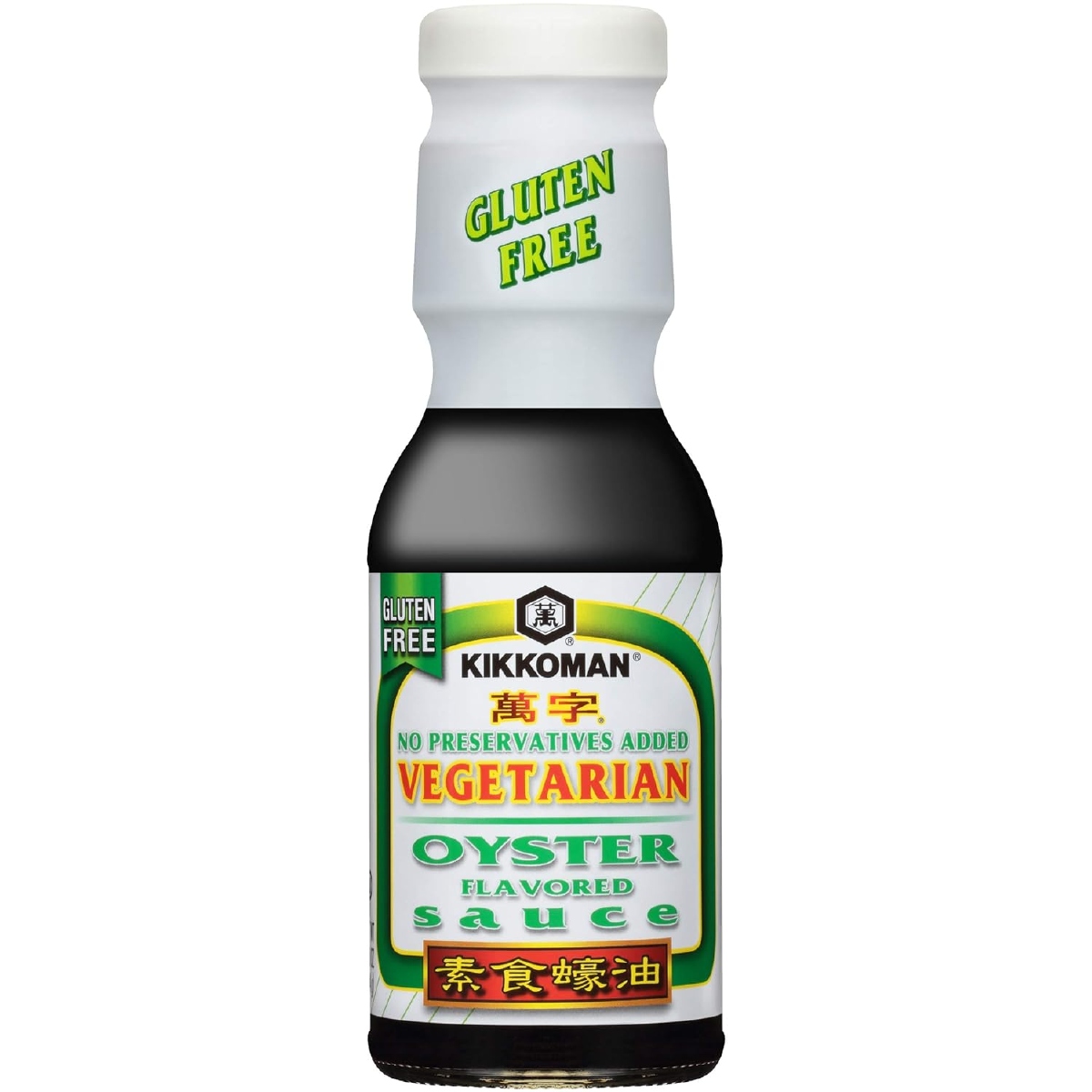 A white and green labeled bottle of Kikkoman vegetarian oyster-flavored sauce with white top on a white background.