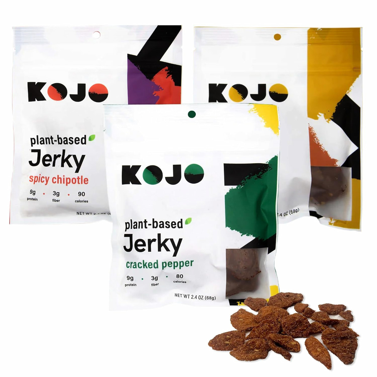 A set of three flavors of Kojo vegan jerky in cracked pepper, spicy chipotle and ginger teriyaki on a white background.