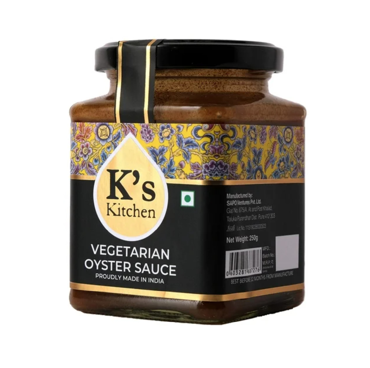 A yellow and black decorative jar of K's Kitchen vegetarian oyster sauce with black lid on a white background.