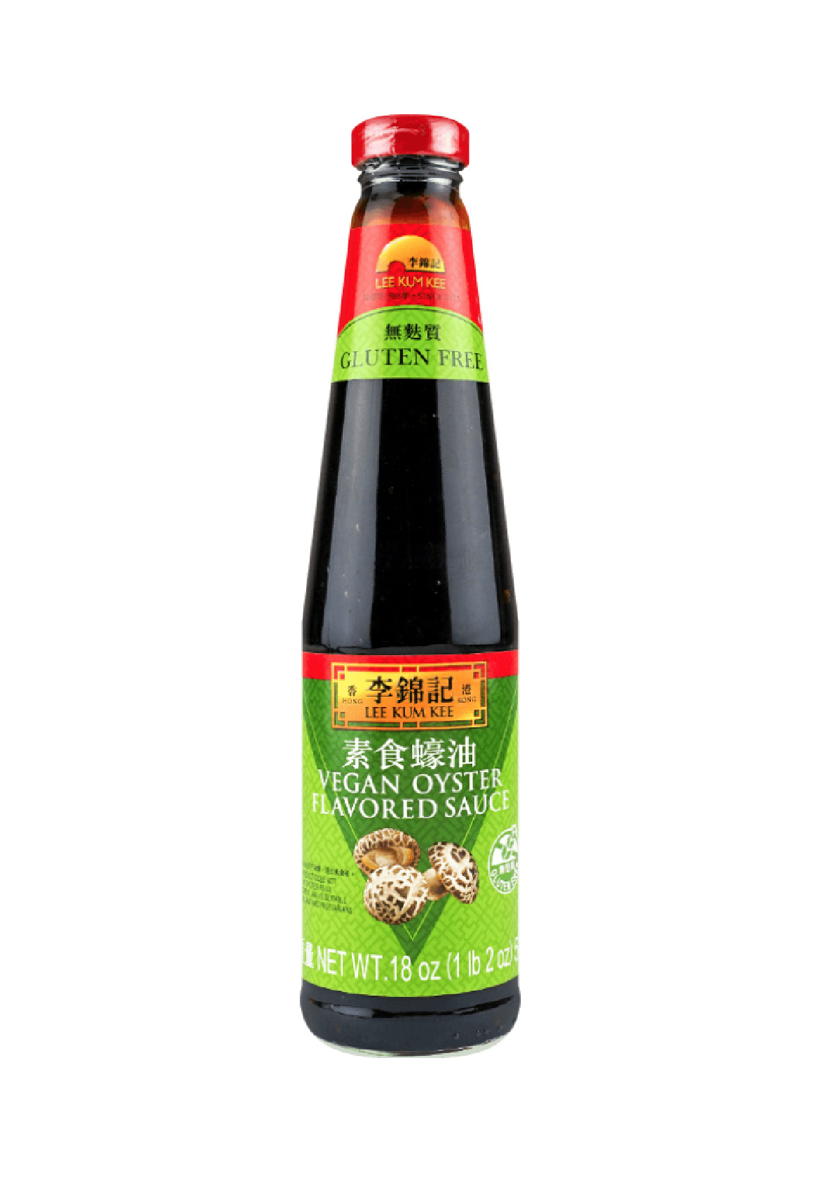A tall glass bottle with green and red label of Lee Kum Kee vegan and gluten free oyster sauce against a white background.
