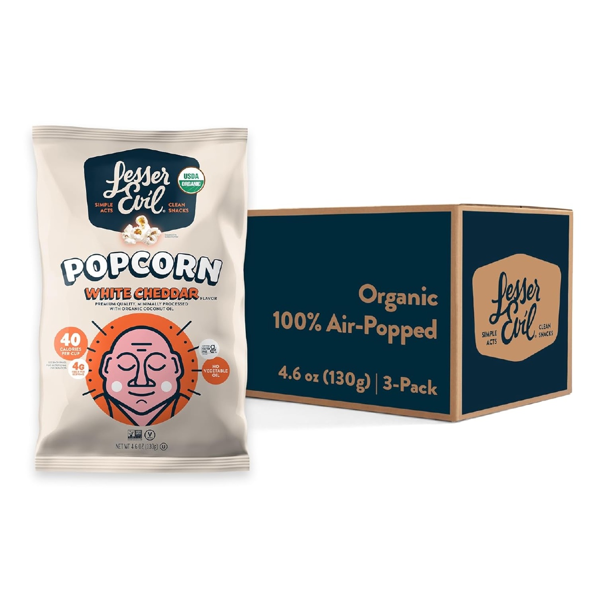 A bag of Lesser Evil popcorn next to a brown and black box of more Lesser Evil bags of prepared popcorn on a white background.