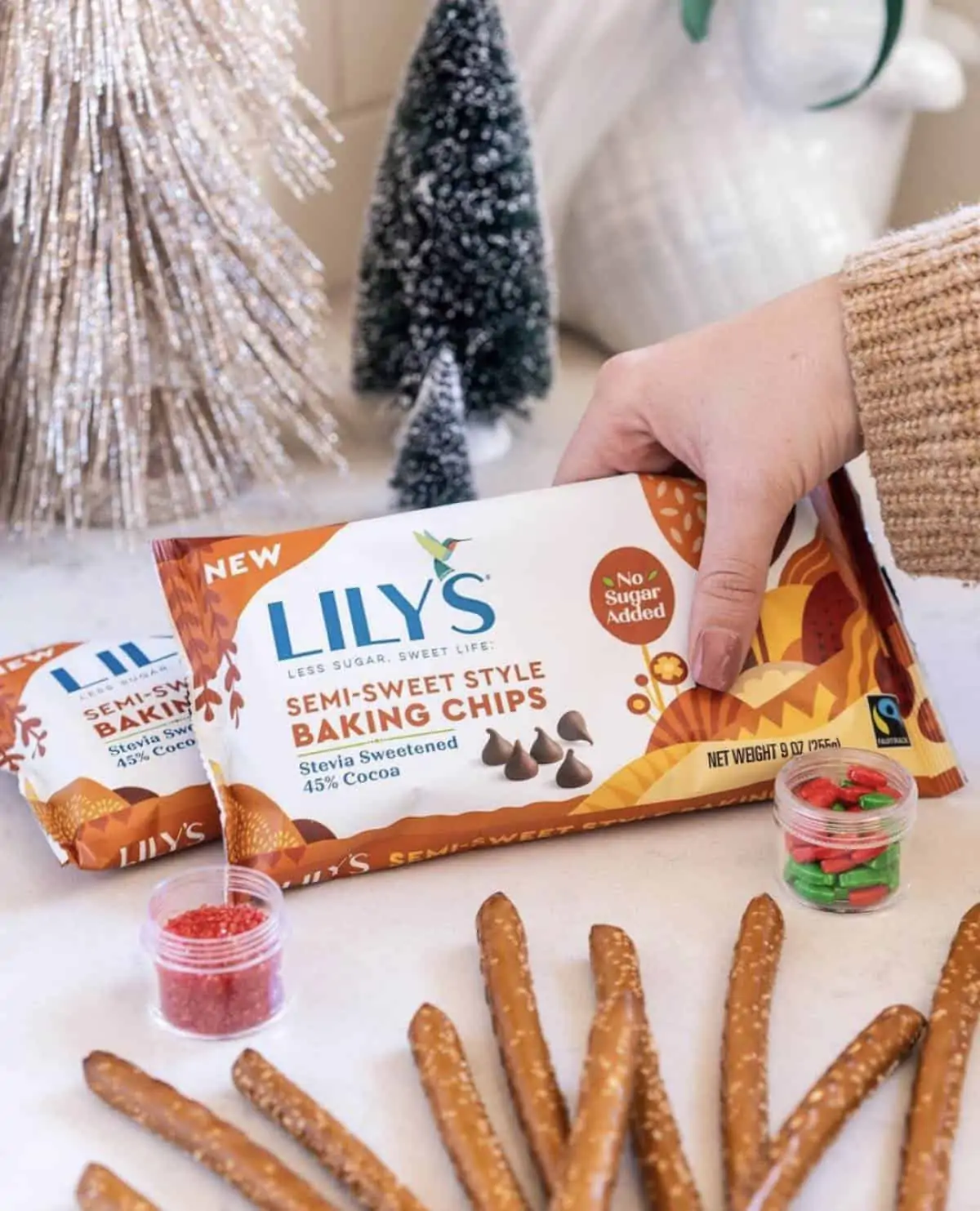 Christmas winter holiday setting with Lily's vegan semi sweet chocolate chips with no sugar added.