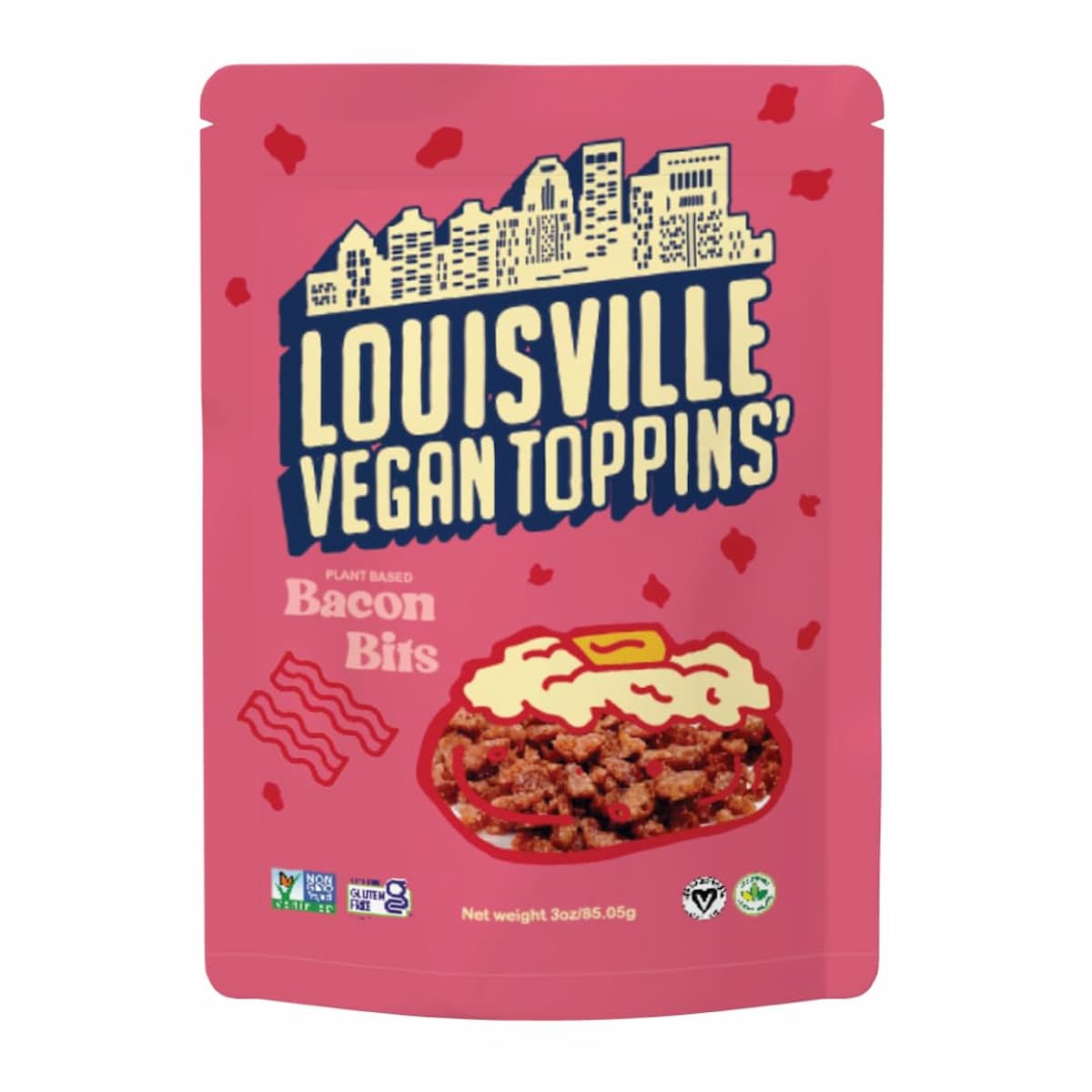 A pink bag of Louisville vegan toppings vegan bacon bits against a white background.