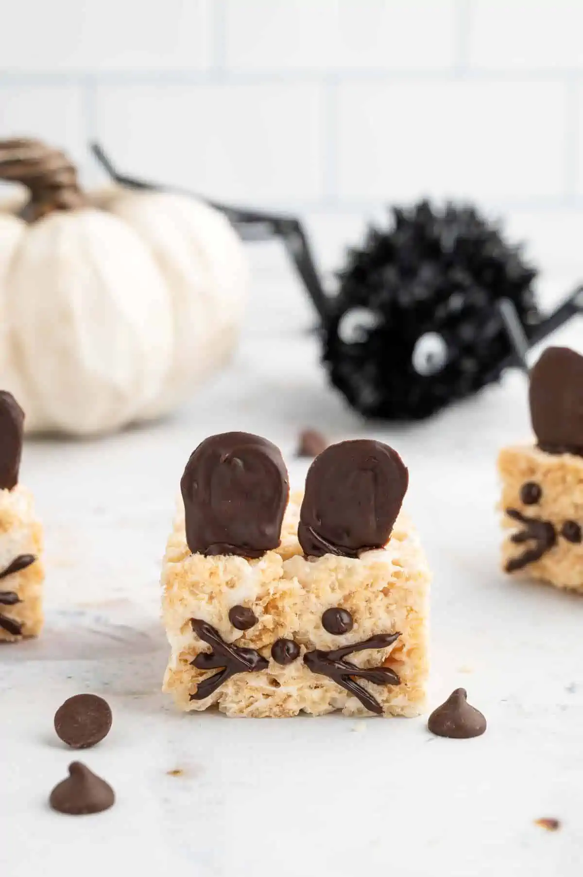 Mice krispy with halloween decorations of a spider and pumpkin behind it.