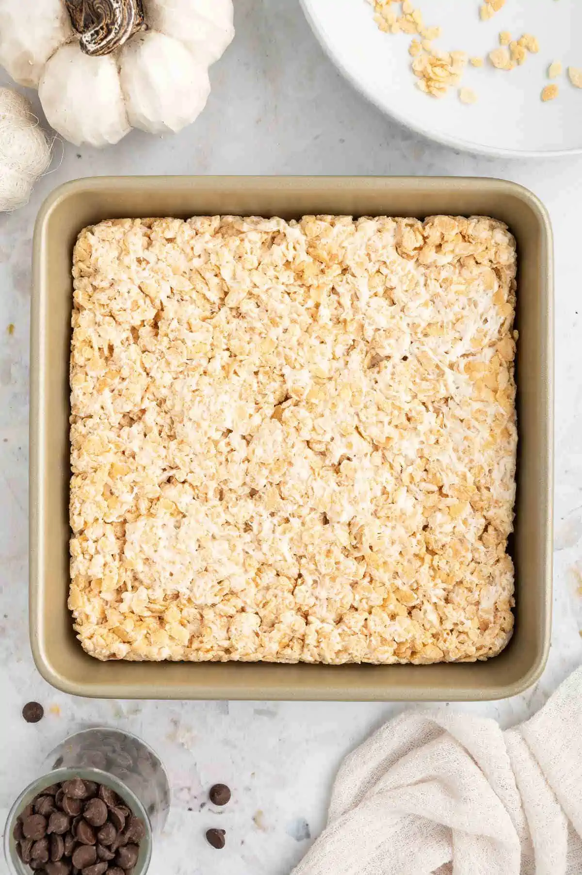 Vegan rice krispies treats in a pan.