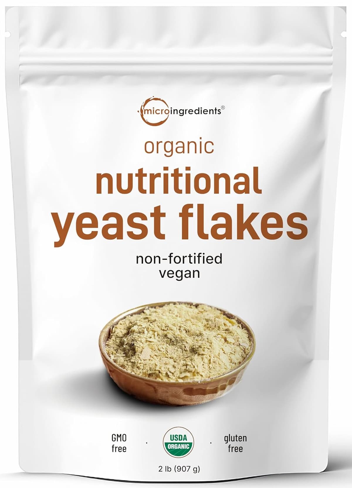 A white bag of Micro Ingredients Organic Nutritional Yeast Flakes.