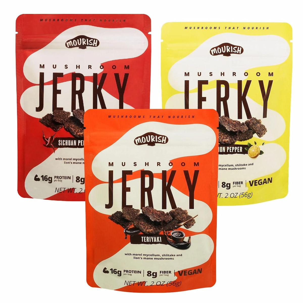 Red, orange and yellow packages of Mourish vegan jerky made from mushrooms in three different flavors.