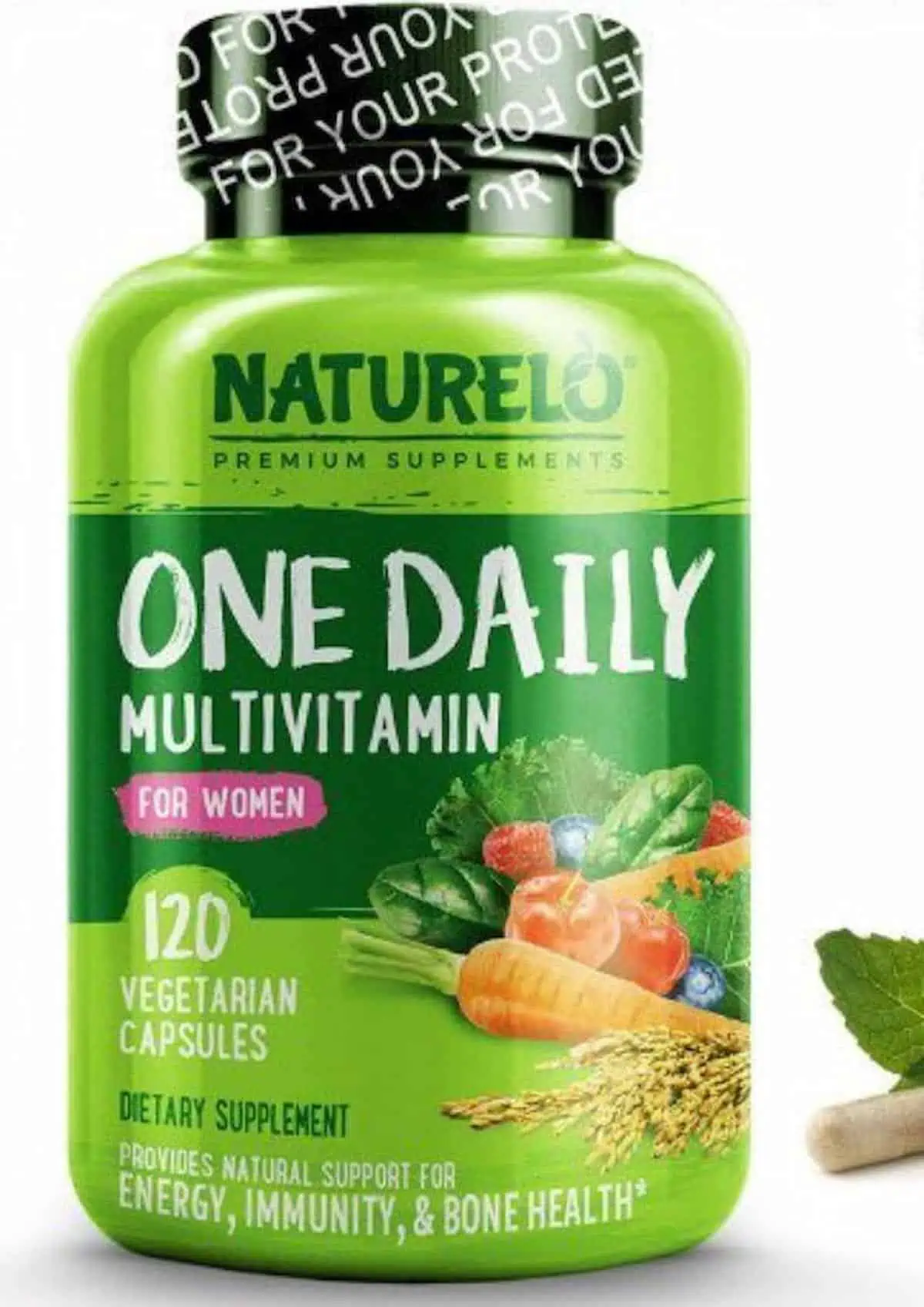 A bottle of Naturelo brand vegan multivitamins.