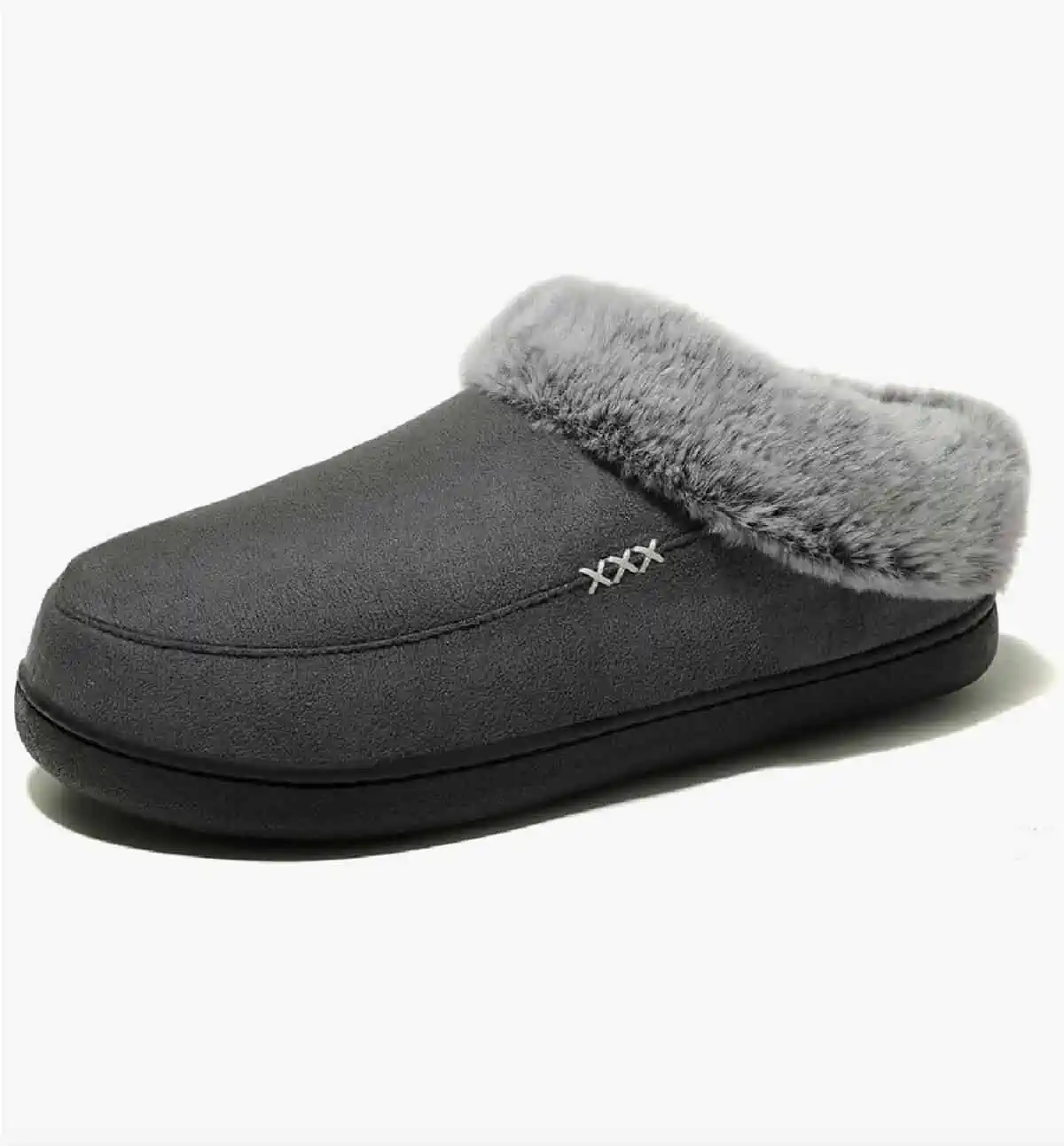 A single dark gray slip-on slipper in vegan suede and fleece with non-slip rubber sole.