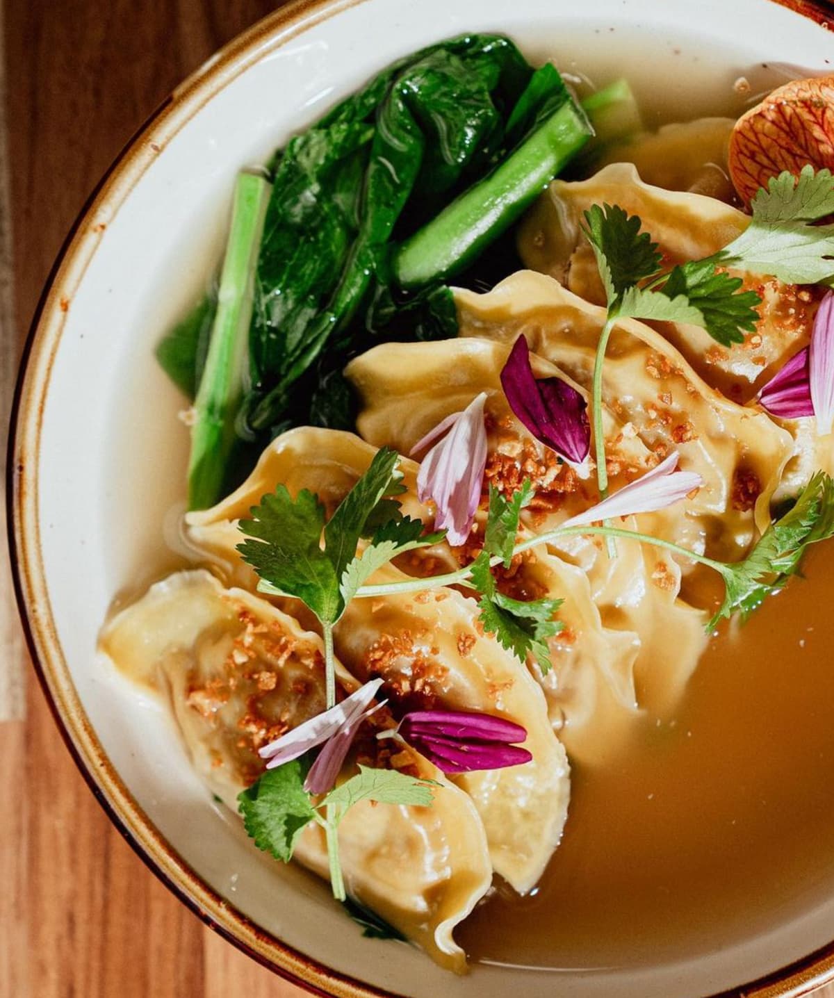 A bowl of mushroom wonton soup from Norah, a vegan restaurant in Portland, Oregon.