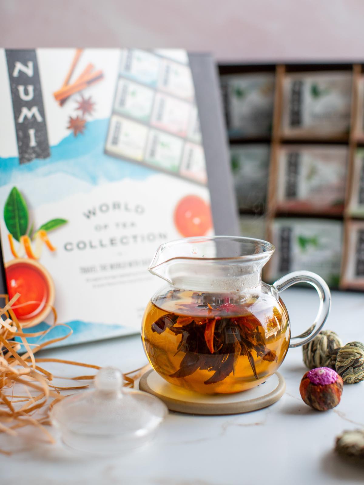 Numi's glass teapot gift set with beautiful blossoming teas.