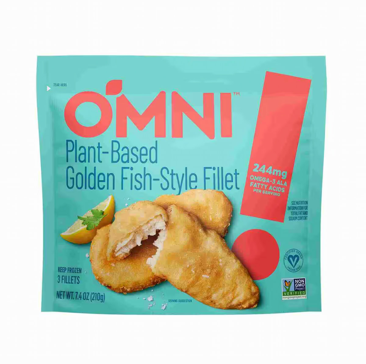 Plant-based golden fish-style fillets by Omni Foods.