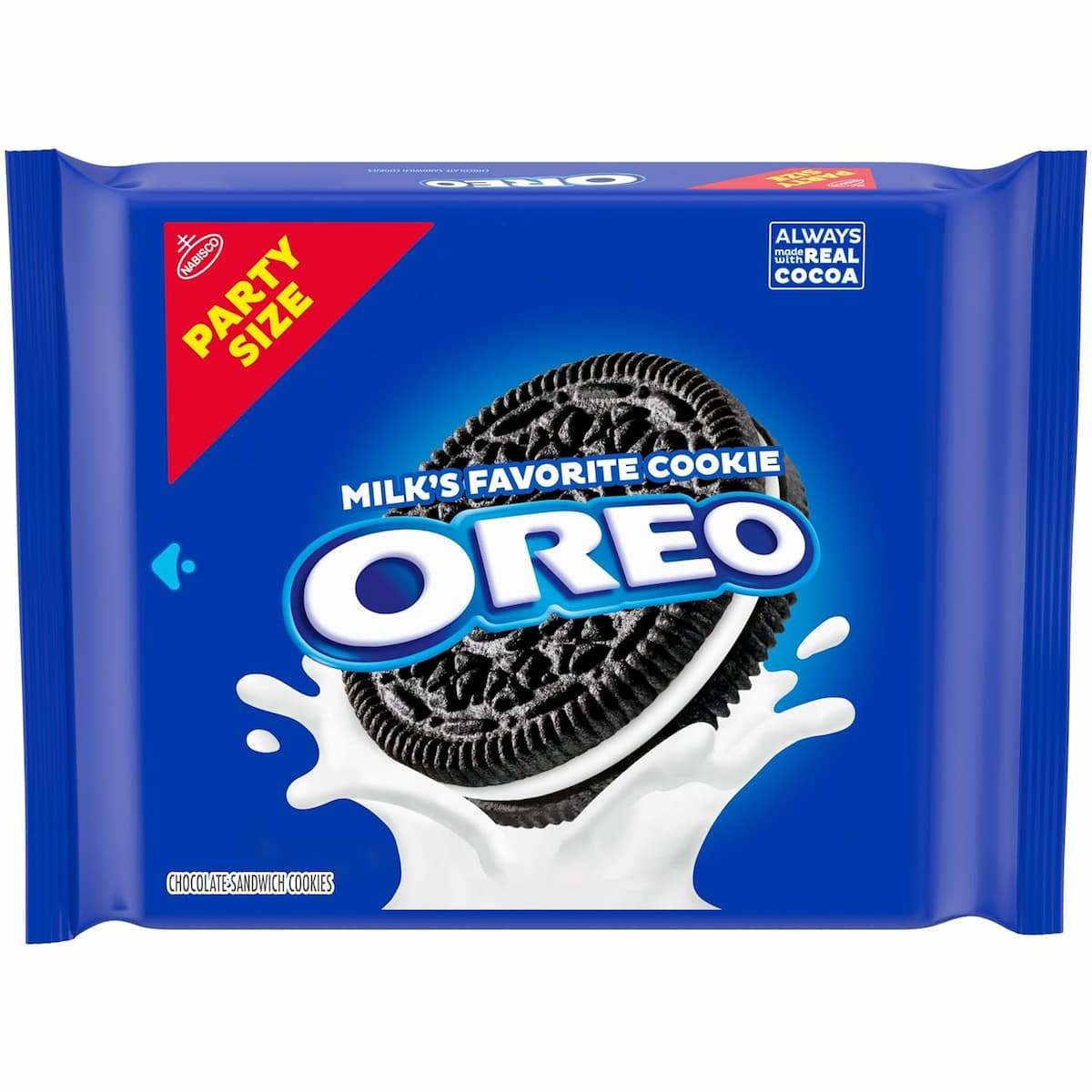 A blue, party-sized package of Oreos cookies.