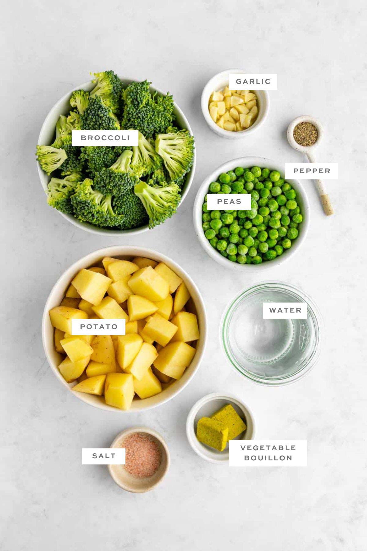 Ingredients for pea of broccoli soup with labels.