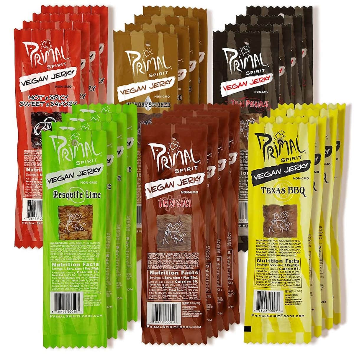 Six different flavors of Primal Spirit vegan jerky in two rows of three.