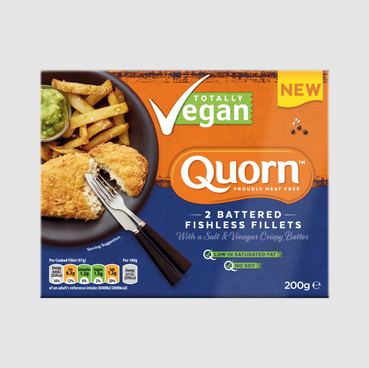 Plant-based battered fishless fillets by Quorn.