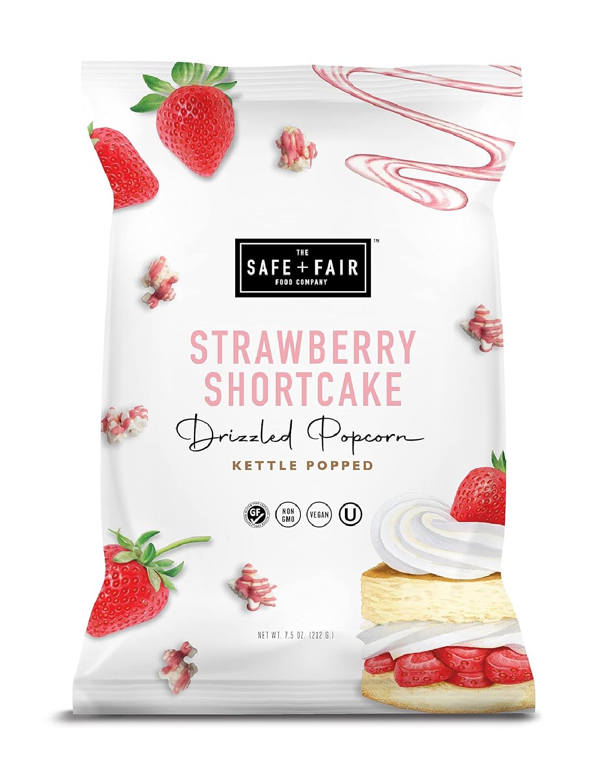 A white bag of Safe and Fair vegan popcorn in Strawberry Shortcake flavor against a white background.