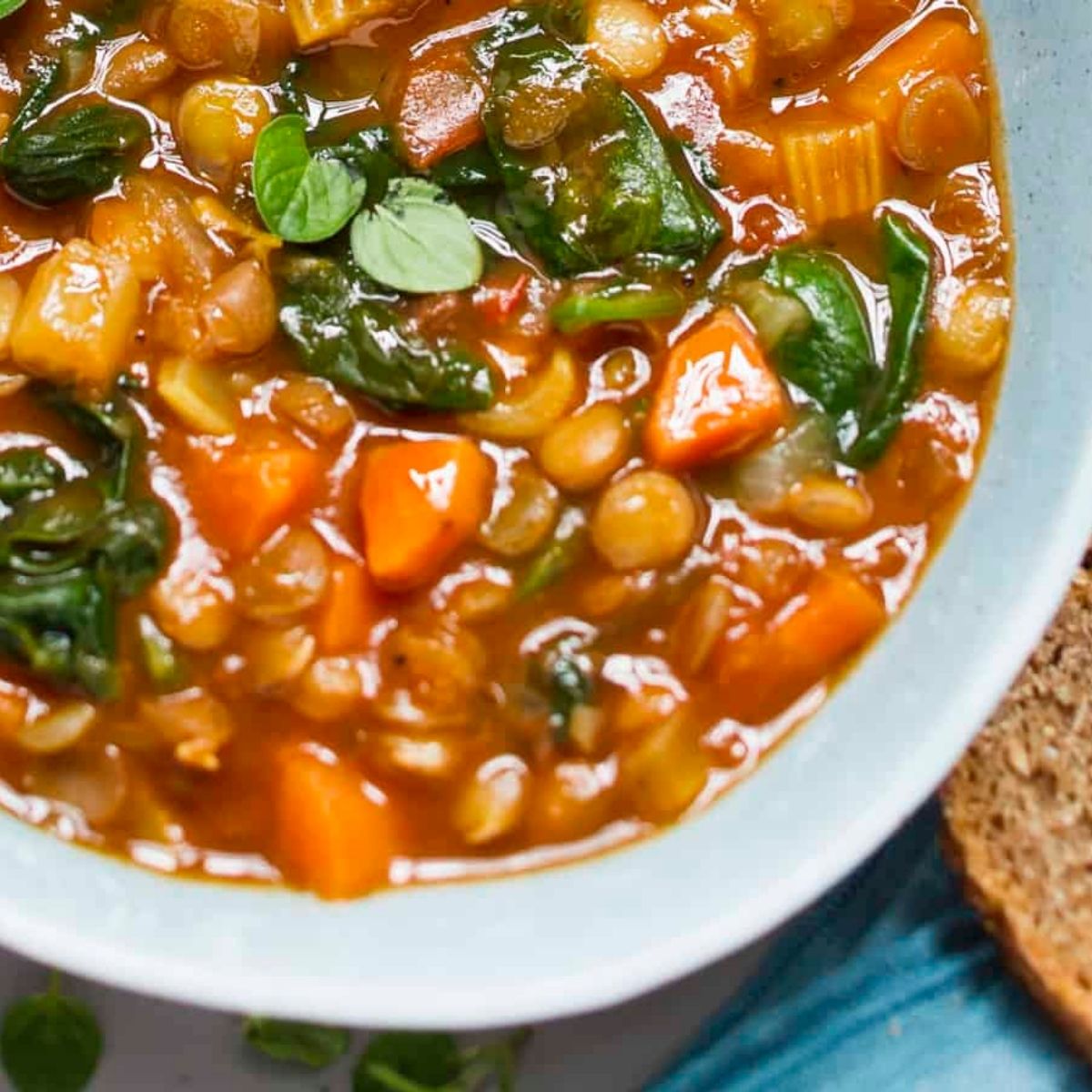 Creamy vegan slow cooker lentil stew with vegetables and homemade bread on the side.