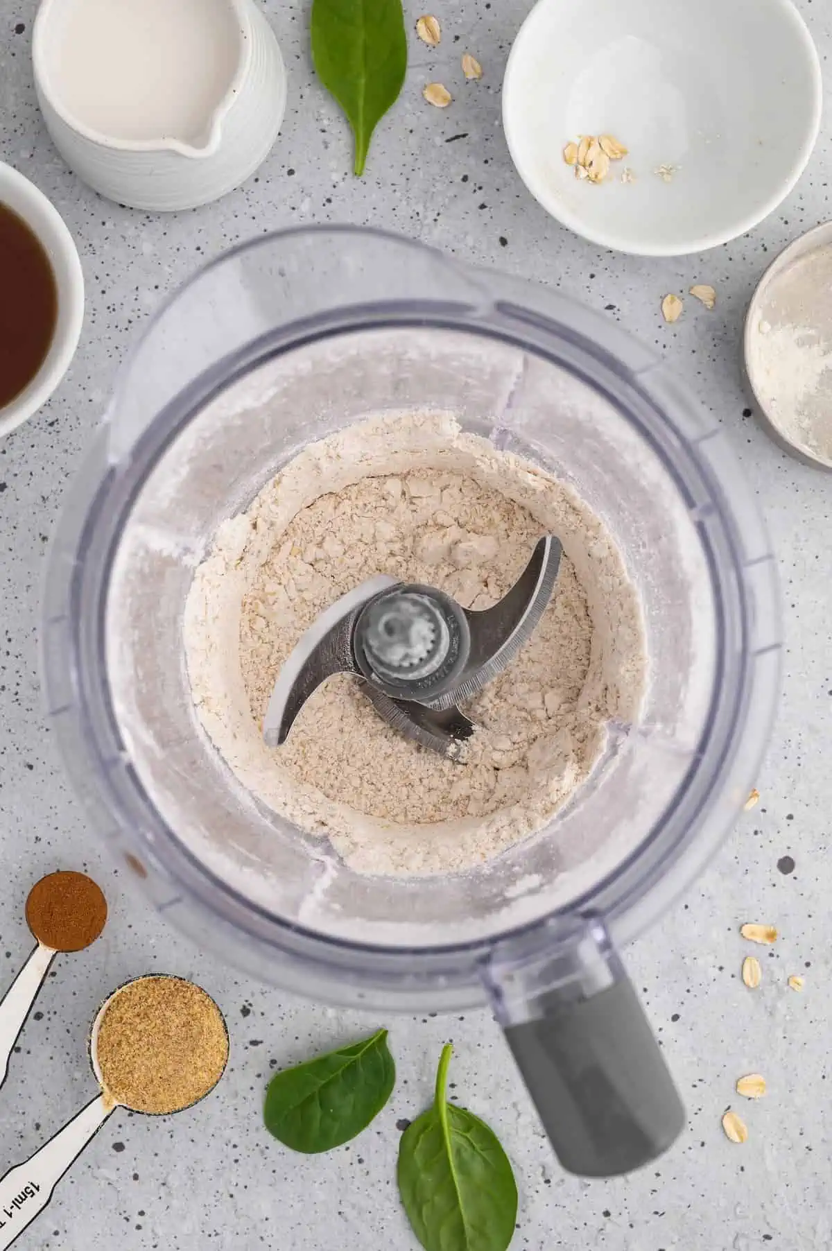 Oats and flour processed in a blender.
