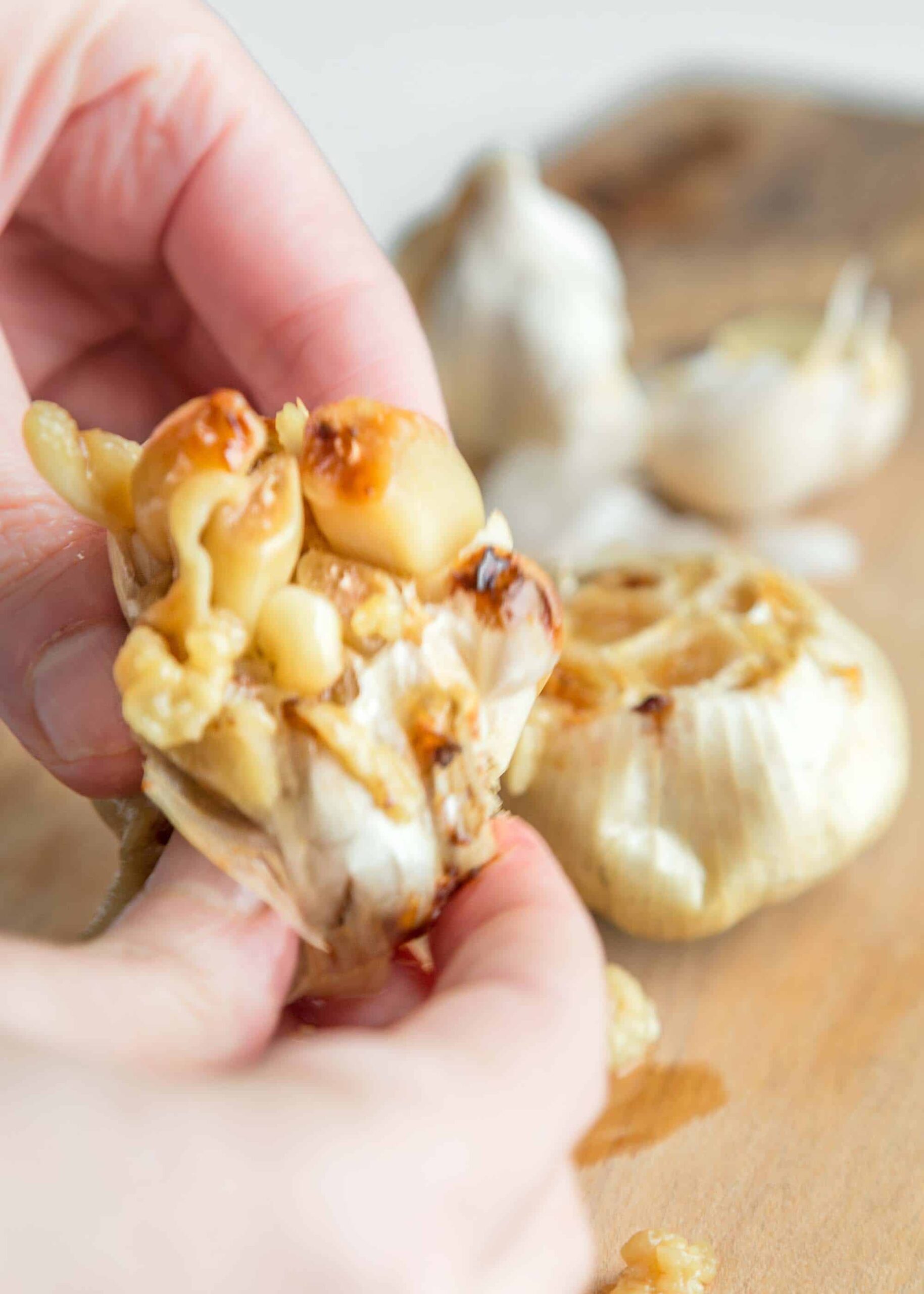 A hand squeezing roasted garlic out of its pods.