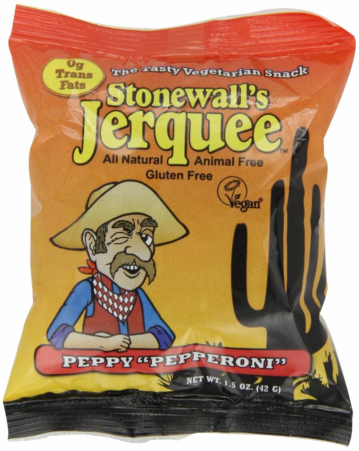 A bag of Stonewall Jerquee vegan jerky in Peppy Pepperoni flavor.