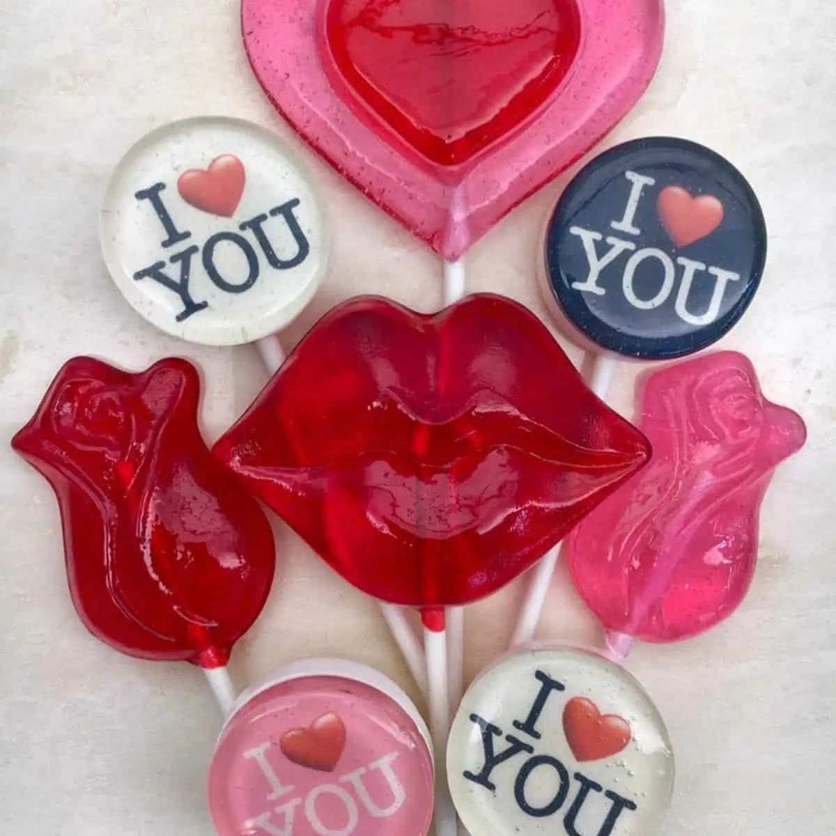 An assortment of Valentine lollipops.